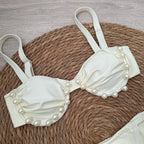 Cream Ruched Underwire-Style Bikini with Pearl-Inspired Embellishments and Tie-Side Bottoms
