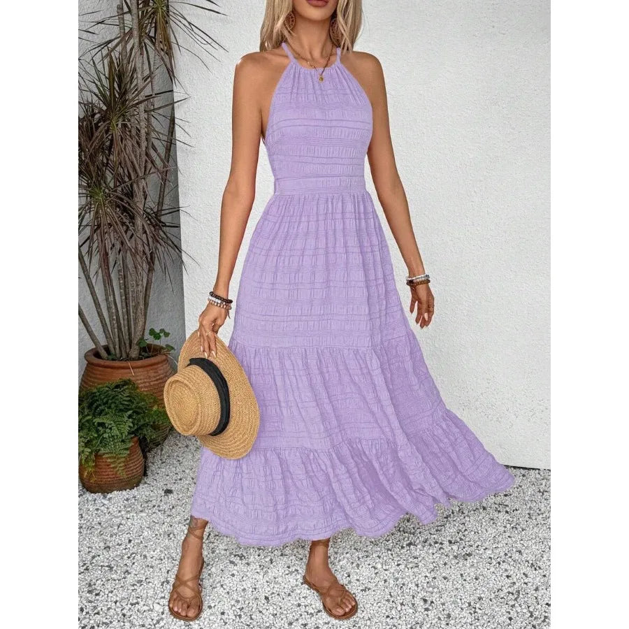 Textured Back Strap Tiered Maxi Dress with Flowy Frill Hem Design