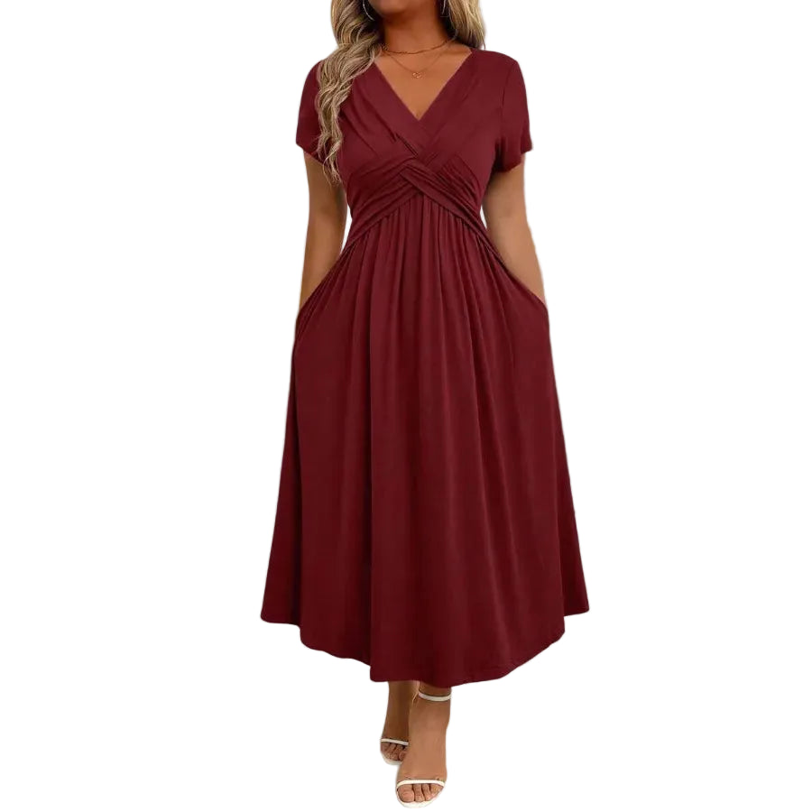 Flowing V Neck Midi Dress With Soft Draped Silhouette