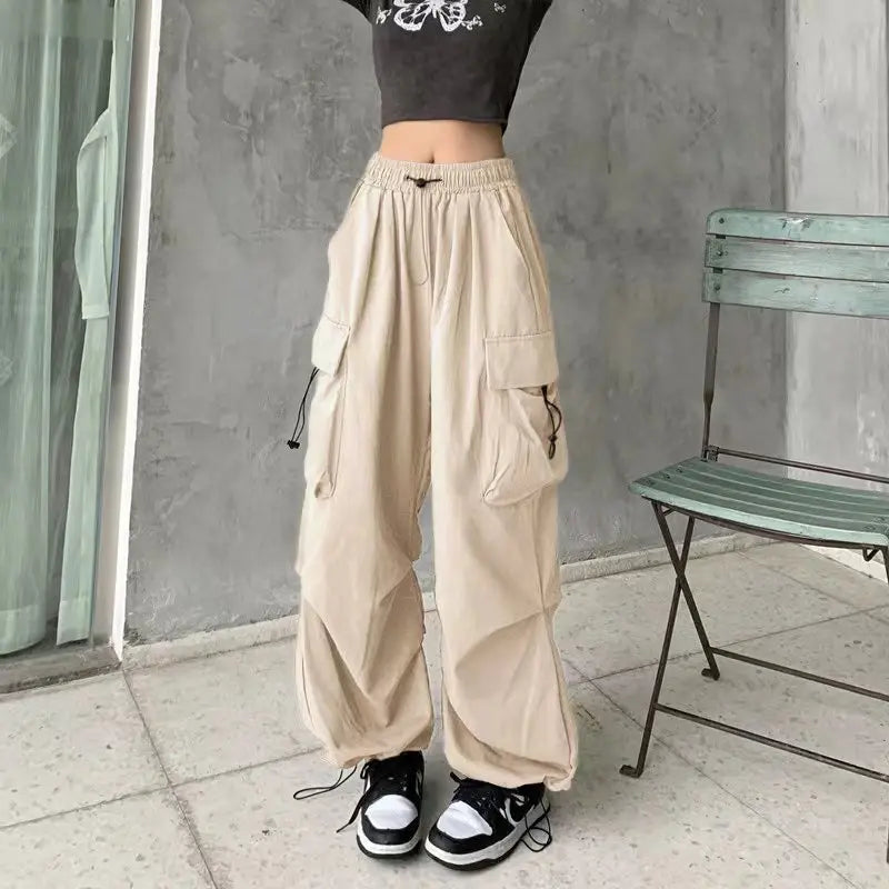 Women's Low-Rise Drawstring Wide-Leg Cargo Sweatpants with Utility Pocket Streetwear Style