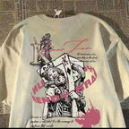 Retro Streetwear Graphic Cotton T-Shirt with Illustrative Artwork and Oversized Casual Fit