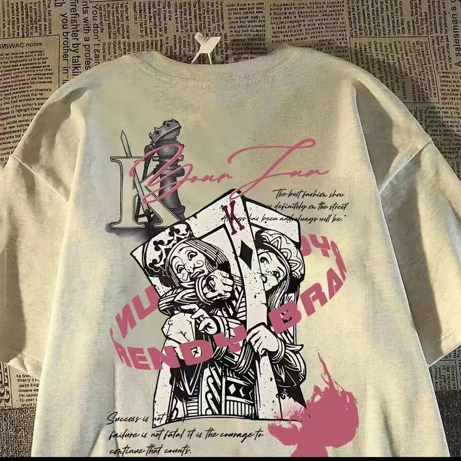 Retro Streetwear Graphic Cotton T-Shirt with Illustrative Artwork and Oversized Casual Fit