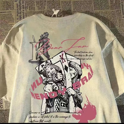 Retro Streetwear Graphic Cotton T-Shirt with Illustrative Artwork and Oversized Casual Fit