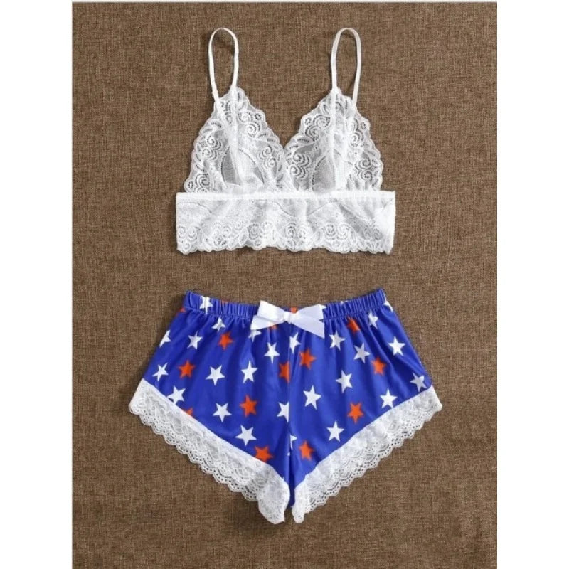Playful Star Print Shorts and White Floral Lace Bralette Sleep Set