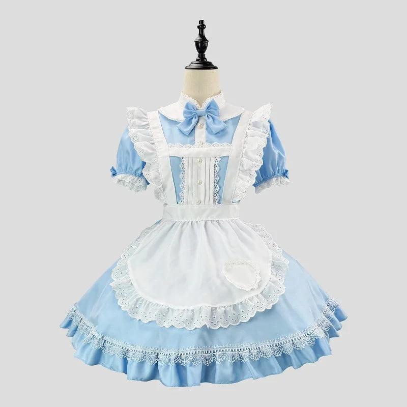 Sky Blue and White Alice-Inspired Maid Dress with Ruffled Apron and Matching Headband