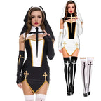 Theatrical Habit-Inspired Mini Dress with Striking Cross Embellishments and Coordinated Headpiece