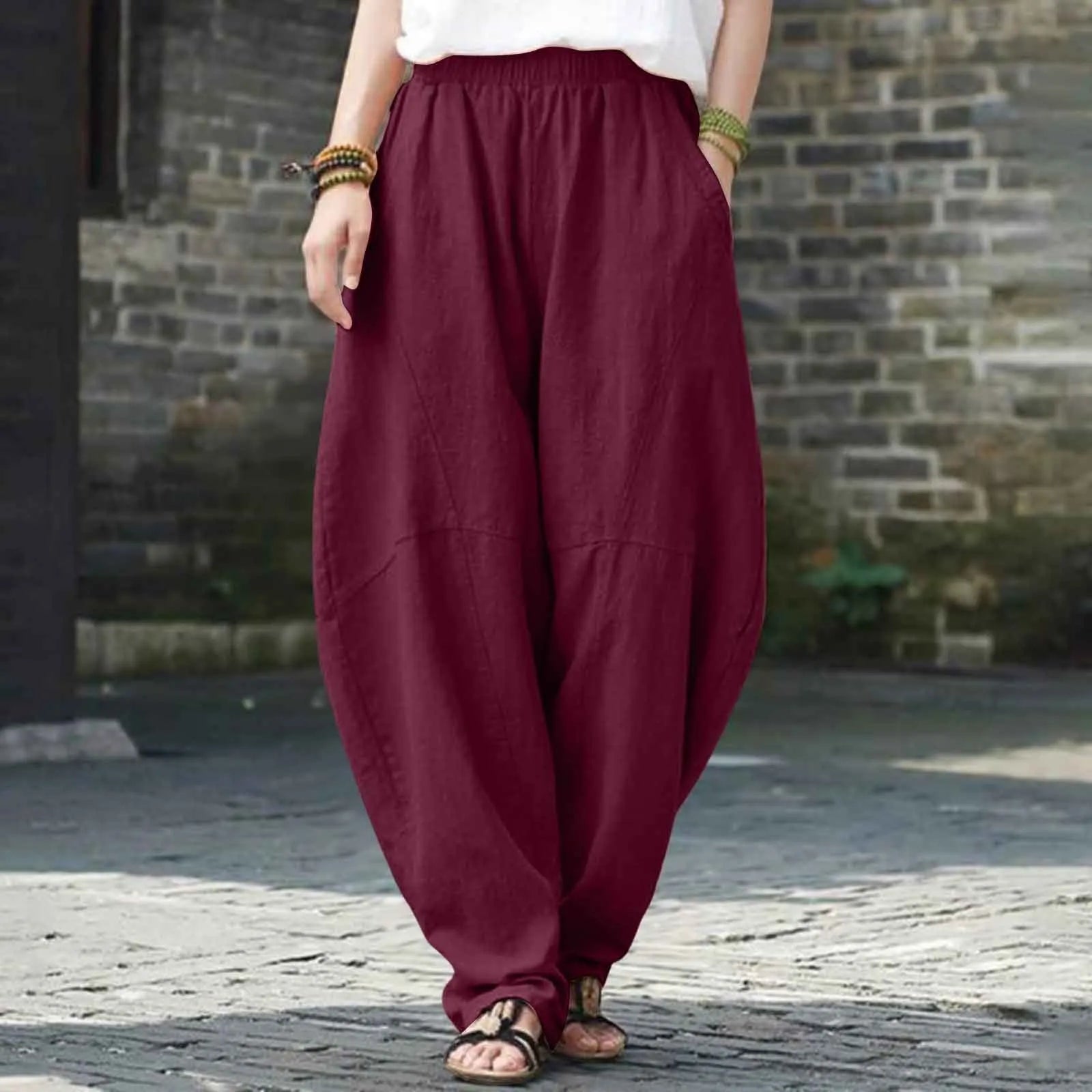 Women's High Waist Balloon Leg Casual Trousers with Relaxed Fit and Pocket Design