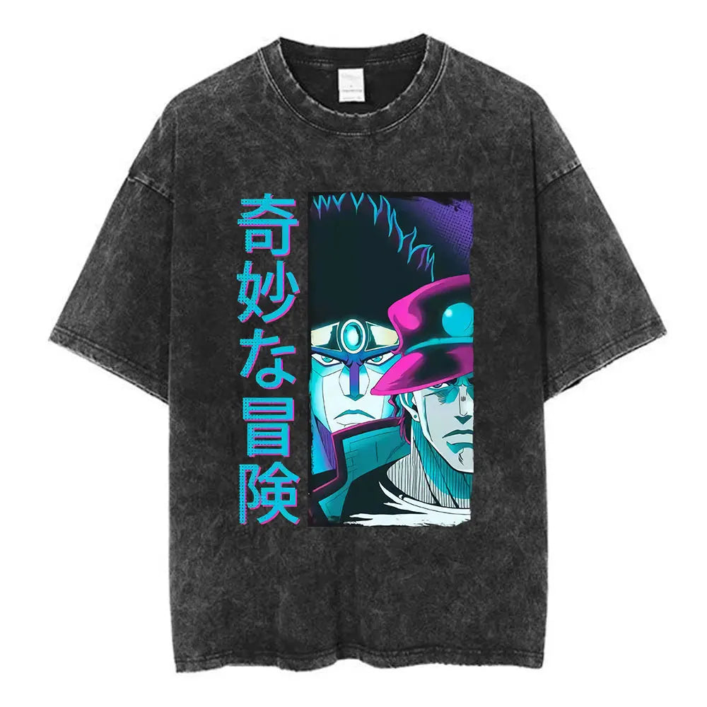 Anime Goth Washed Graphic Tee with Cyber Manga Streetwear Aesthetic Design