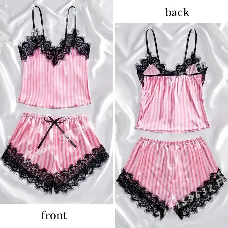 Pink Satin-Stripe Pajama Set with Lace-Trim Camisole Top, Matching Shorts and Delicate Spaghetti Straps