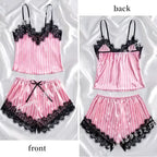 Pink Satin-Stripe Pajama Set with Lace-Trim Camisole Top, Matching Shorts and Delicate Spaghetti Straps
