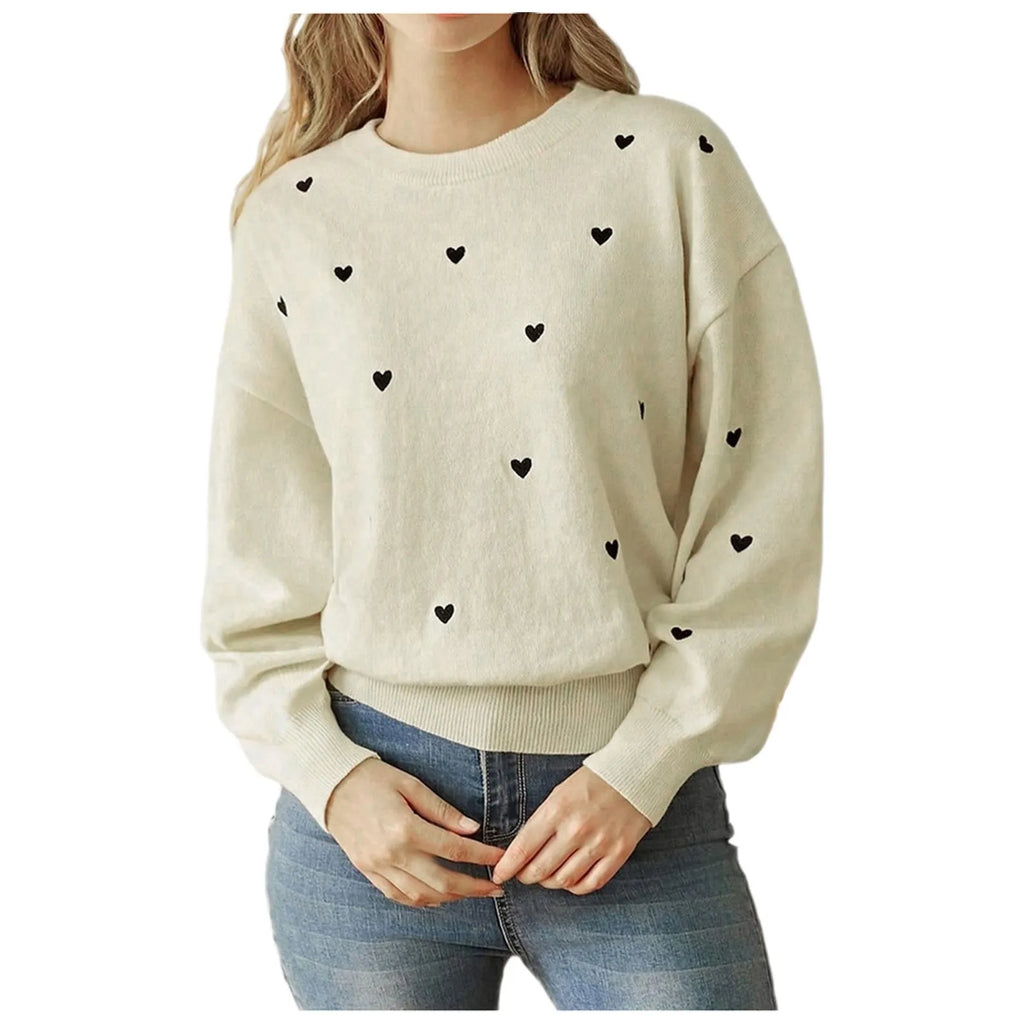 Women's Heart Pattern Relaxed Fit Knit Pullover Streetwear Sweater