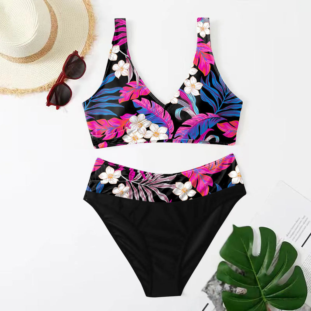 Floral V-Neck Two-Piece Bikini Set with High-Impact Botanical Print, Shaped Top and Coordinated Swim Bottom