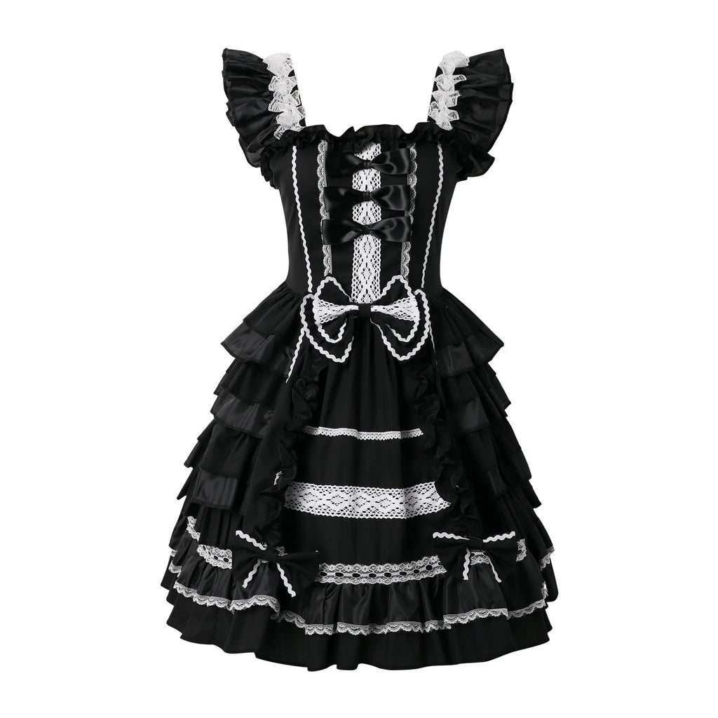 Playful Pink and Black Ruffled Sweetheart Dress with Decorative Bows and Lace Trim
