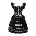 Playful Pink and Black Ruffled Sweetheart Dress with Decorative Bows and Lace Trim