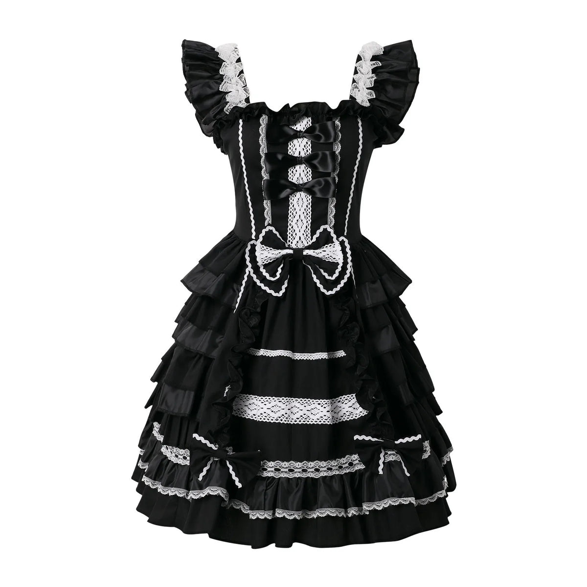 Playful Pink and Black Ruffled Sweetheart Dress with Decorative Bows and Lace Trim