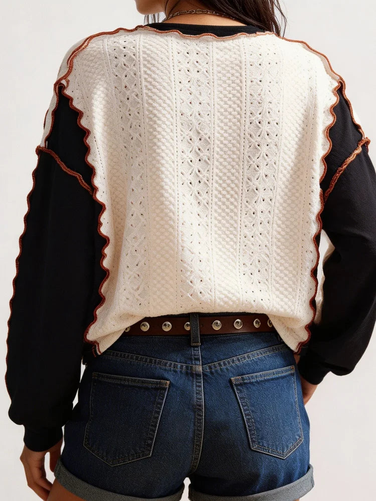 Women's Contrast Sleeve Relaxed Fit Contemporary Streetwear Knit Sweater