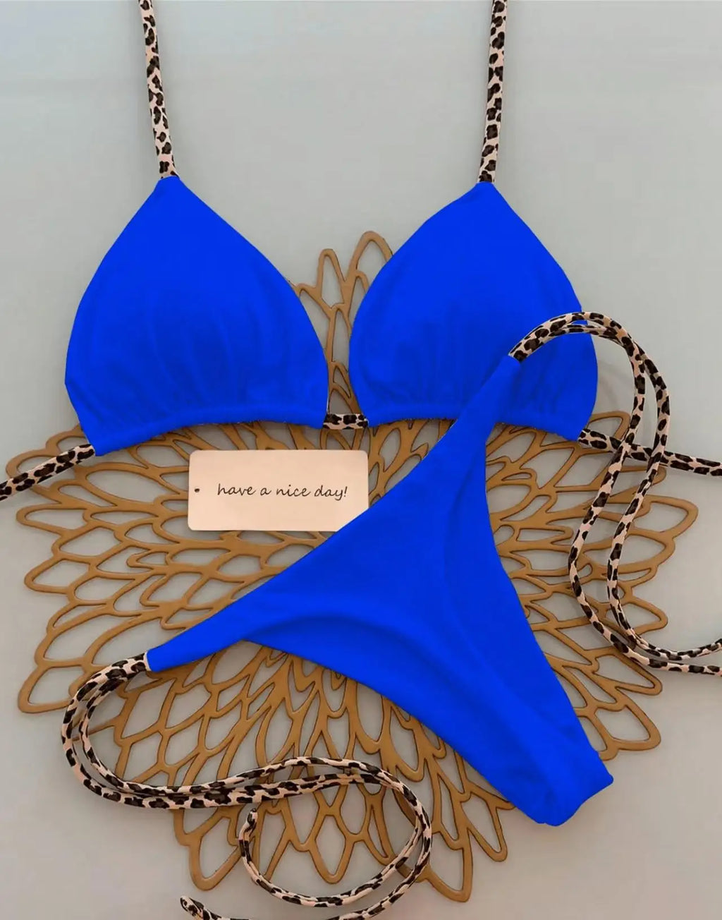Contrast Leopard Strap Two-Piece Bikini with High-Cut Silhouette