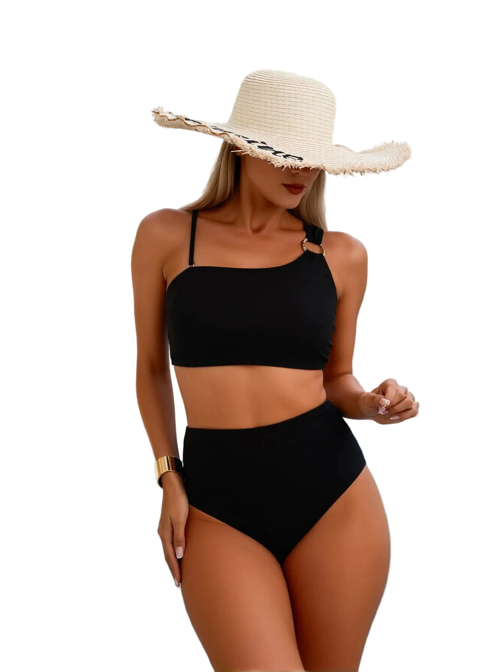 Asymmetrical One-Shoulder Bikini Set with Ring Detail and High-Waisted Silhouette