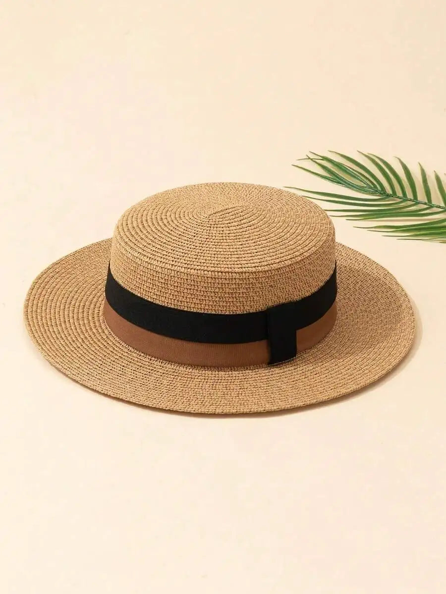 Women's Woven Straw Sun Hat with Decorative Band for Beach Vacation and Casual Wear