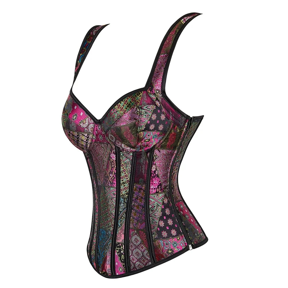 Vintage Floral Tapestry Overbust Corset with Wide Straps and Structured Seaming