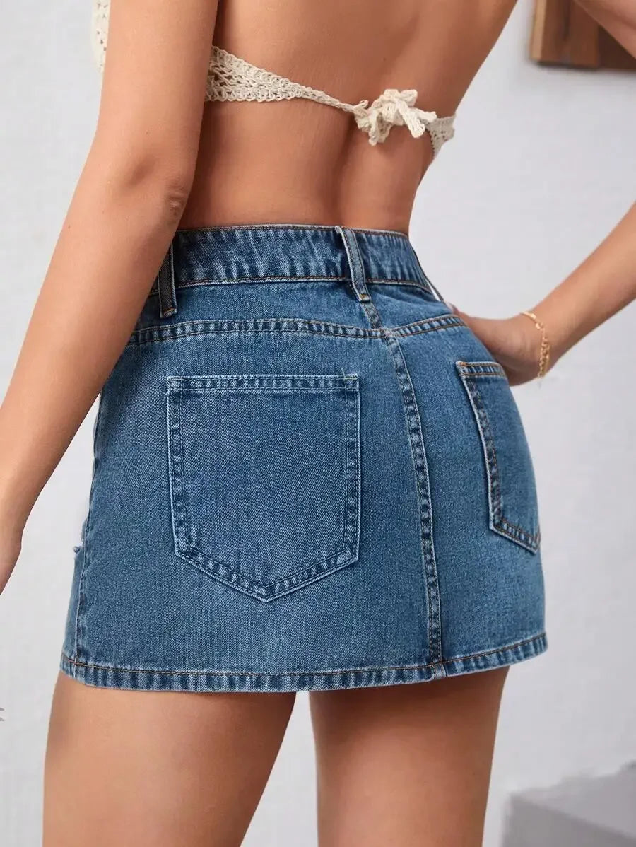 Distressed Denim Mini Skirt with Ripped Details and Streetwear Edge