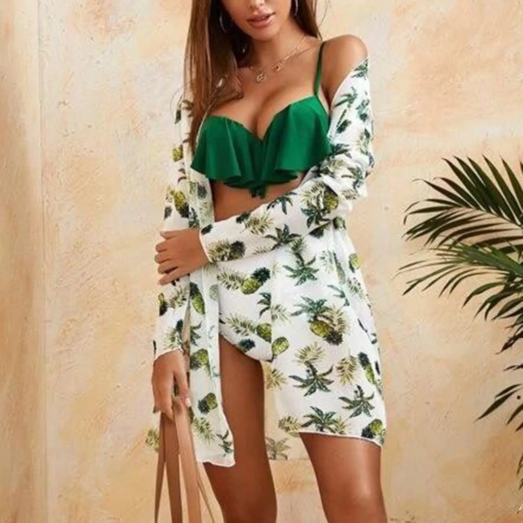 Women's Three-Piece Tankini Swimwear Set with Printed Top, Coordinating Bottom and Lightweight Beach Cover-Up