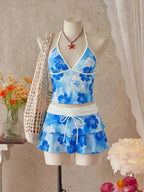 Light Blue Floral Halter Tankini Set with Tiered Ruffle Skirt