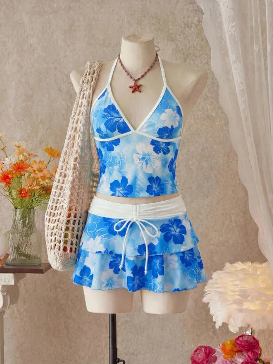 Light Blue Floral Halter Tankini Set with Tiered Ruffle Skirt