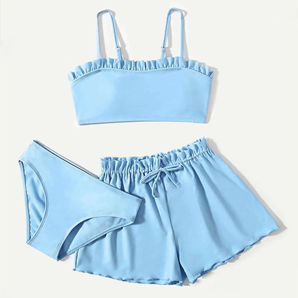 Girls' Three-Piece Ruffle Swimwear Set with Solid-Color Two-Piece Base and Coordinating Beach Cover-Up