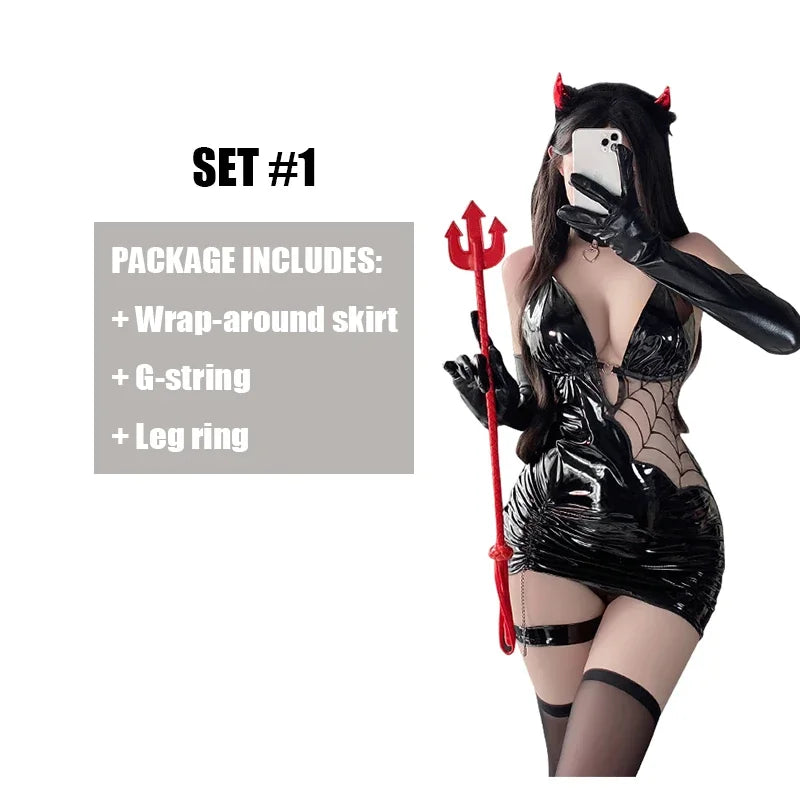 Glossy Black V-Neck Bodycon Mini Dress with Sheer Spiderweb Mesh Paneling