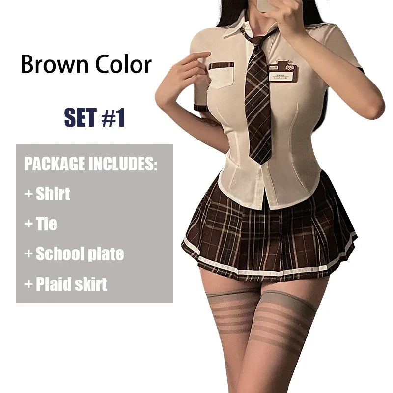 Earth-Toned Collegiate Roleplay Set with Collared Top, Brown Plaid Skirt, and Coordinated Tie