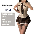 Earth-Toned Collegiate Roleplay Set with Collared Top, Brown Plaid Skirt, and Coordinated Tie