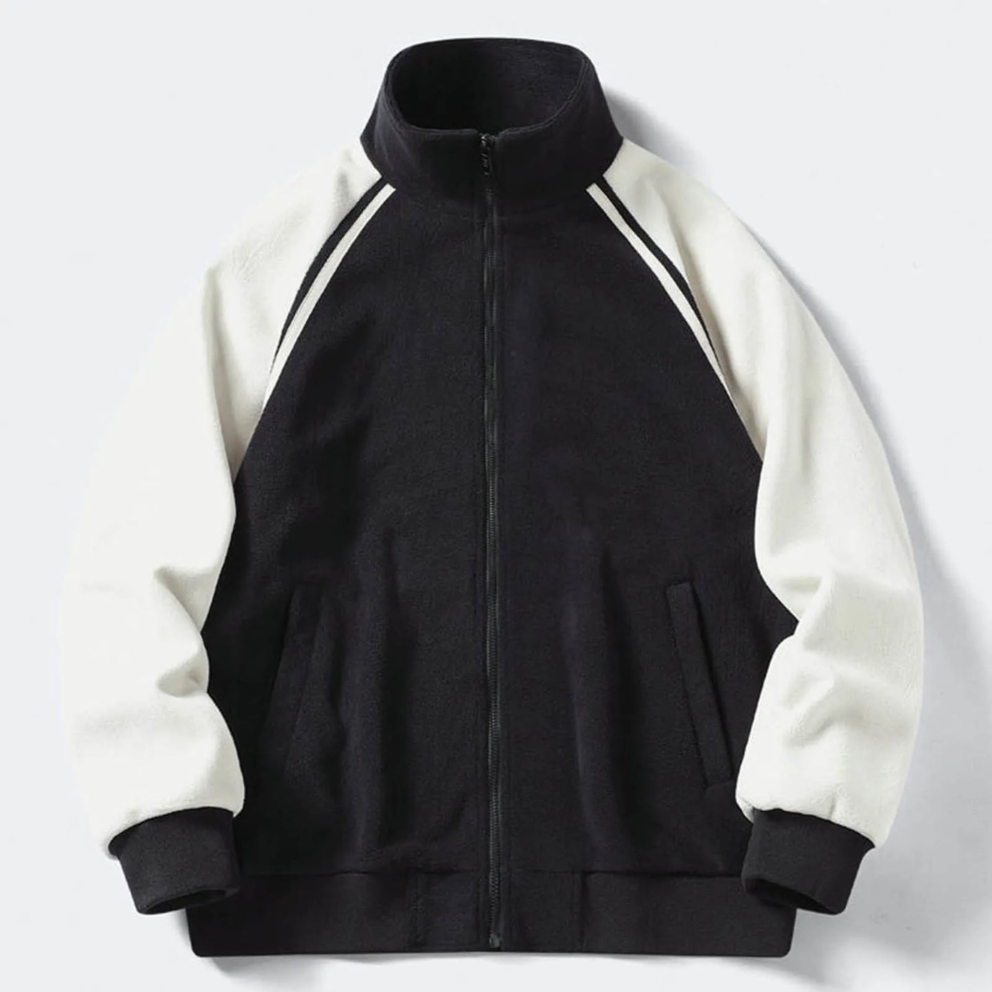 Men's Stand Collar Full Zip Fleece Jacket with Utility Pockets for Modern Streetwear Style