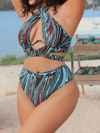 Abstract Swirl Print Halter Swimsuit with Keyhole Cutout and High-Waisted Silhouette