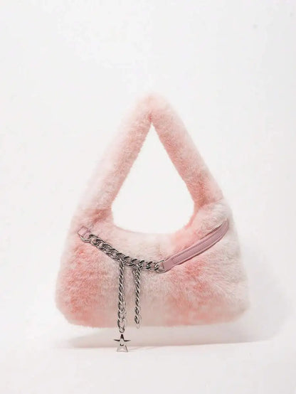 Faux Fur Hobo Shoulder Bag with Chain Detail Y2K Inspired Styling