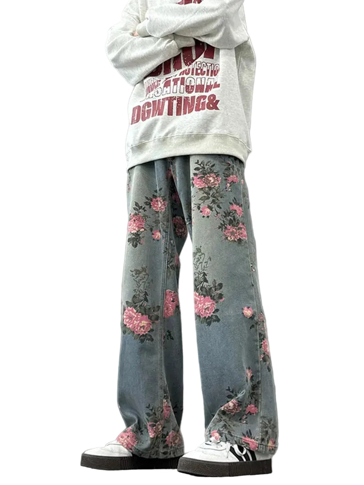 Unisex Floral Print Wide Leg Denim Jeans with Relaxed Streetwear Straight Leg Fit