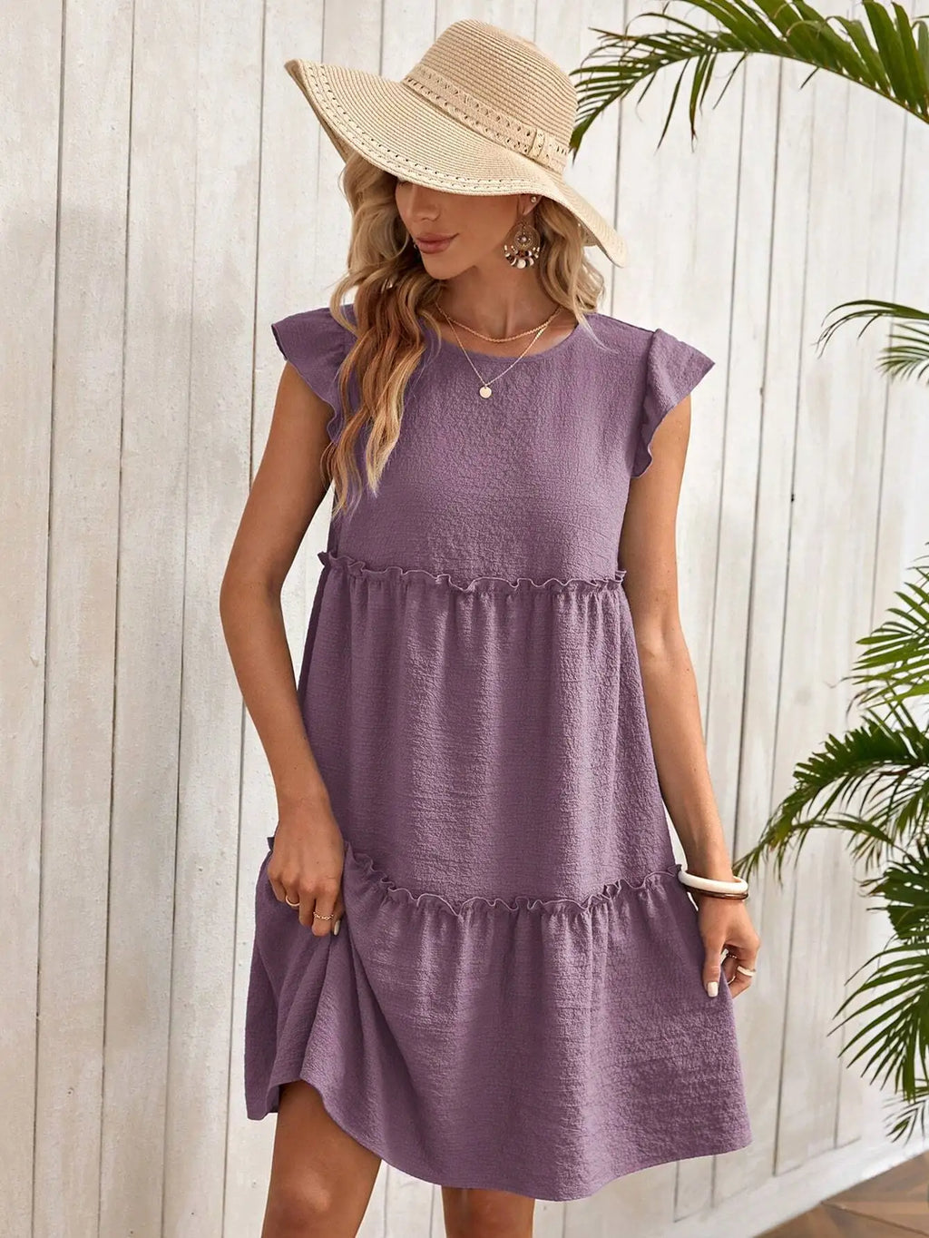Tiered Ruffle A-Line Mini Dress with Petal Sleeves and Relaxed Fit