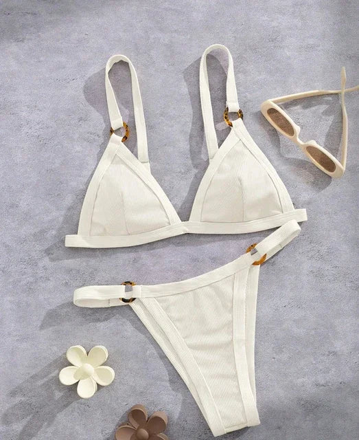 Textured Taupe Bikini with Contrast White Piping and Hardware Accents