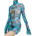 Abstract Mesh Bodycon Mini Dress with Bell Sleeves and Sheer Streetwear Styling