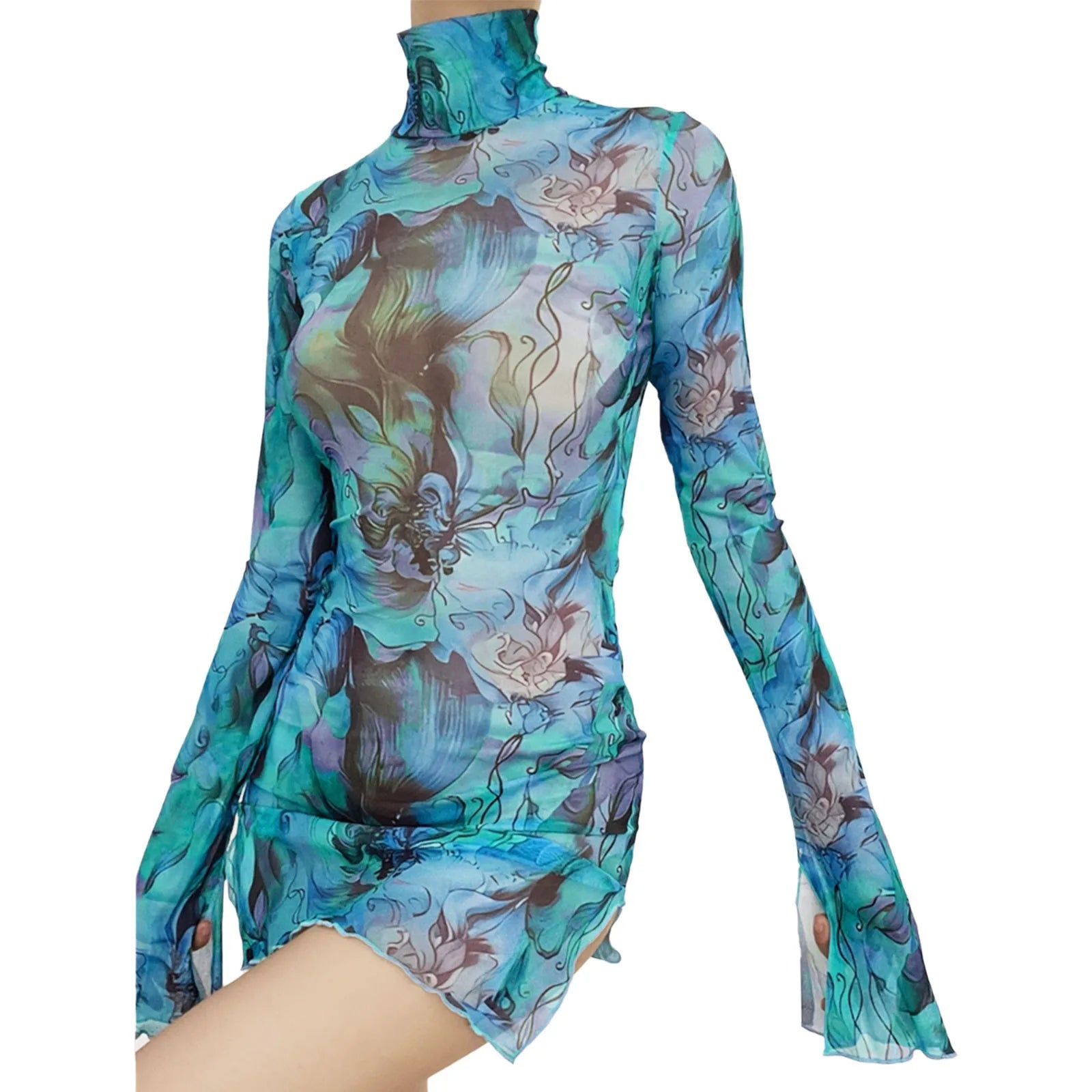 Abstract Mesh Bodycon Mini Dress with Bell Sleeves and Sheer Streetwear Styling