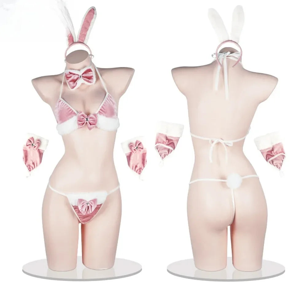 White and Pink Bunny Lingerie Set with Rabbit Ear Headband, Lace Bra and Matching Panty Details