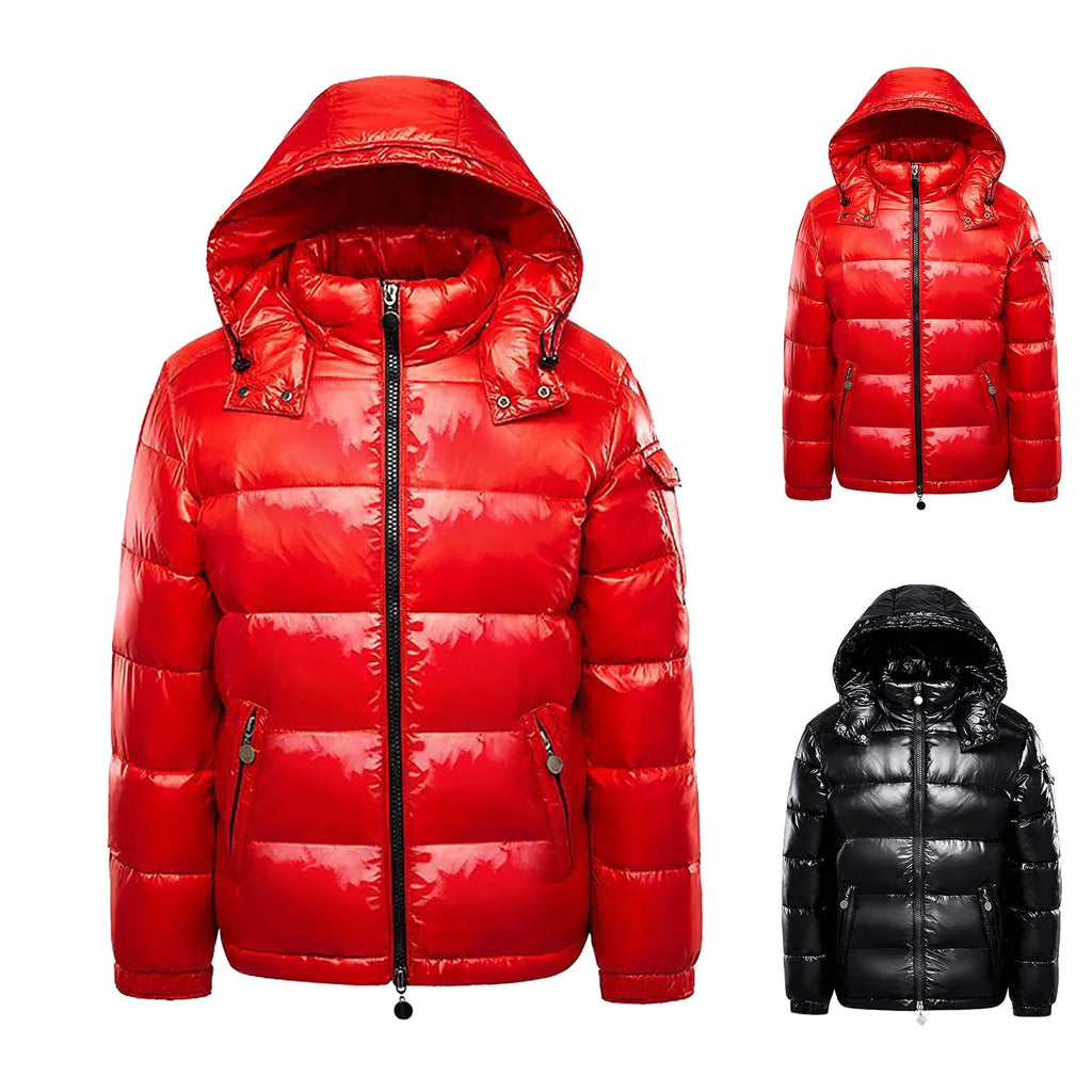 Men's Glossy Hooded Puffer Jacket with Oversized Quilted Design for Winter Streetwear Layering