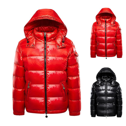 Men's Glossy Hooded Puffer Jacket with Oversized Quilted Design for Winter Streetwear Layering