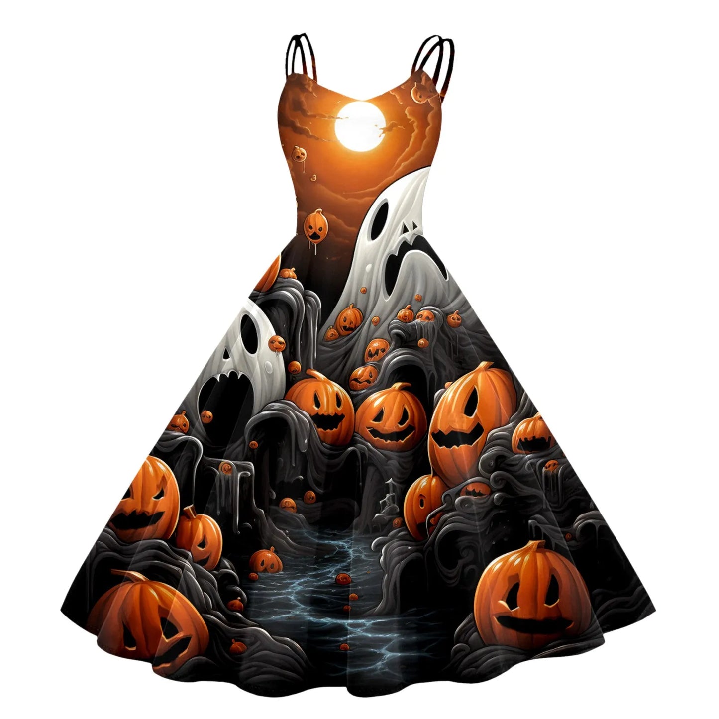 Whimsical Gothic Halloween Inspired Flare Dress with Vintage Charm