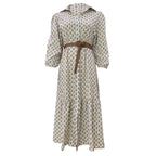 Printed Puff Sleeve Belted Midi Dress with Relaxed Contemporary Shape