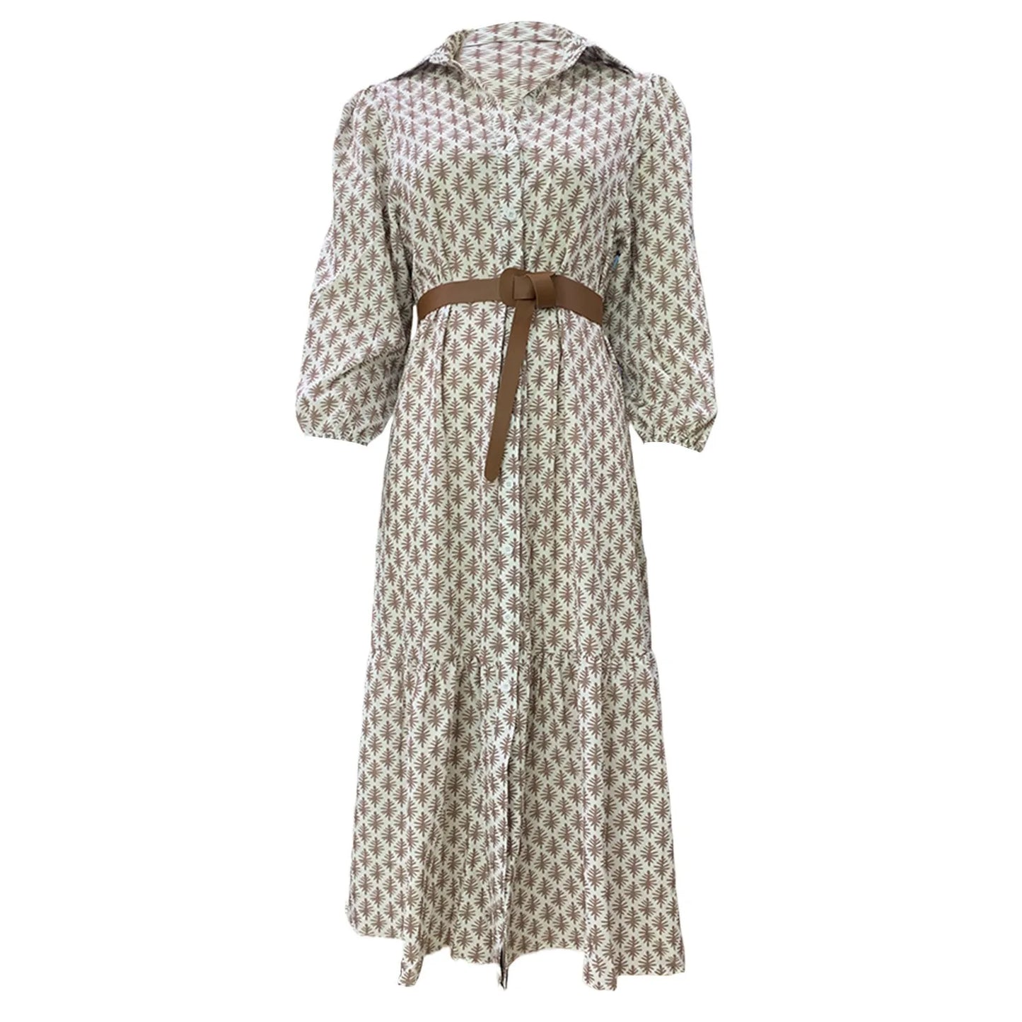 Printed Puff Sleeve Belted Midi Dress with Relaxed Contemporary Shape