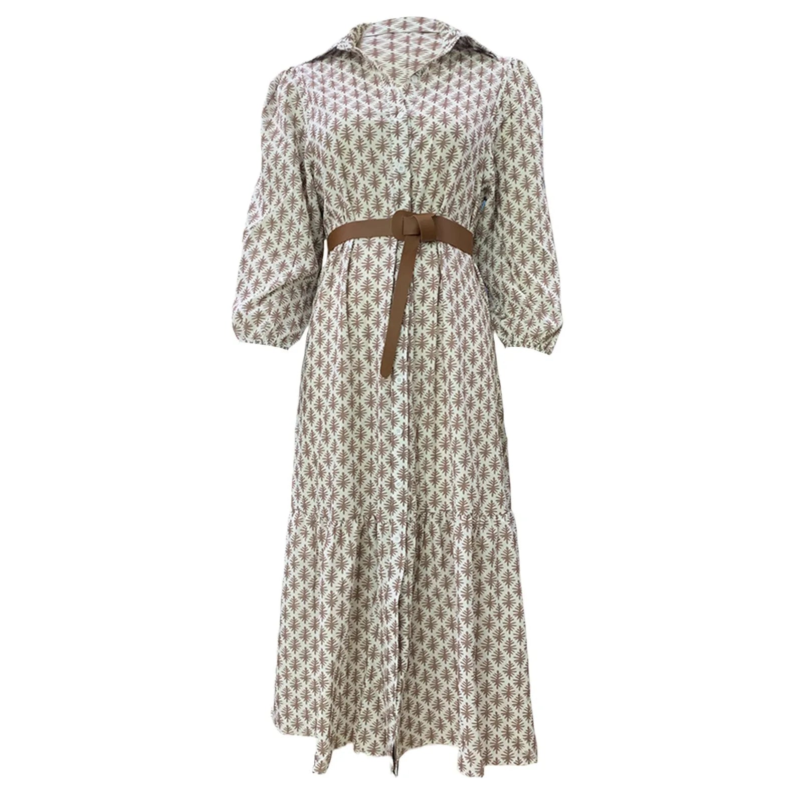 Printed Puff Sleeve Belted Midi Dress with Relaxed Contemporary Shape