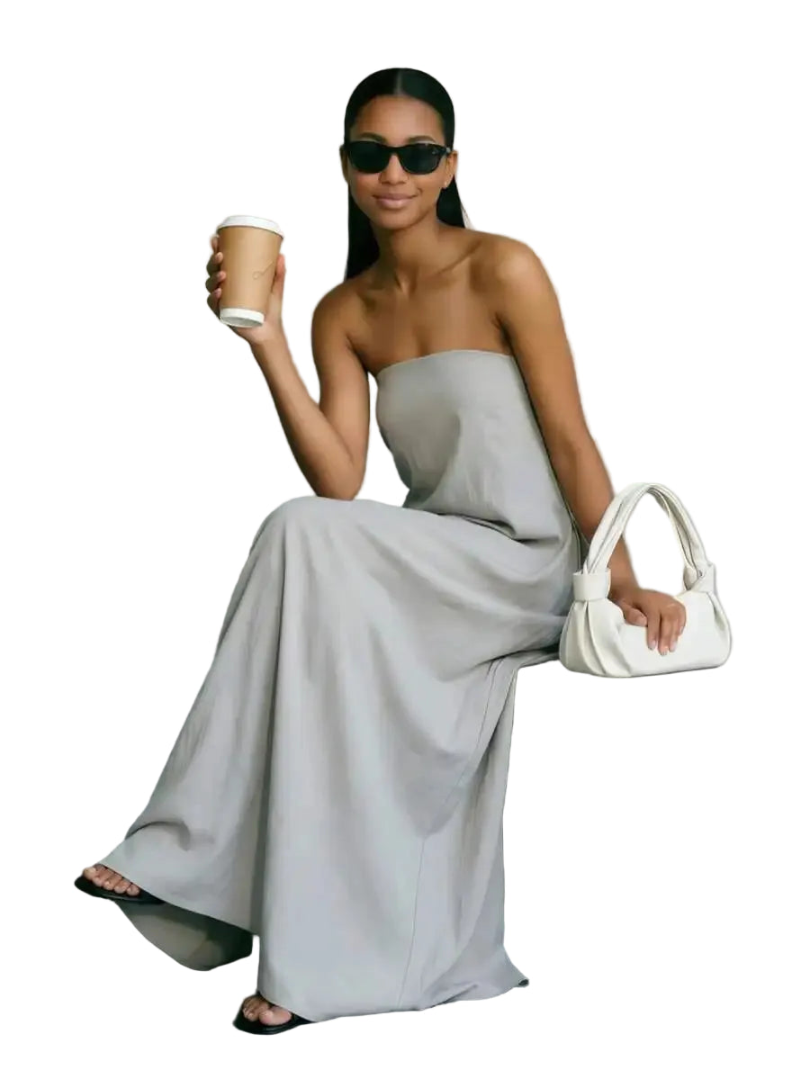 Strapless Linen Maxi Dress with Backless Design and Relaxed Silhouette