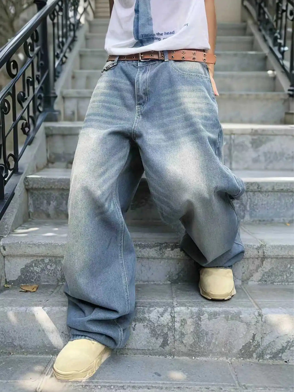 Men's Garment Washed Wide Leg Denim Jeans with Relaxed Floor Length Fit