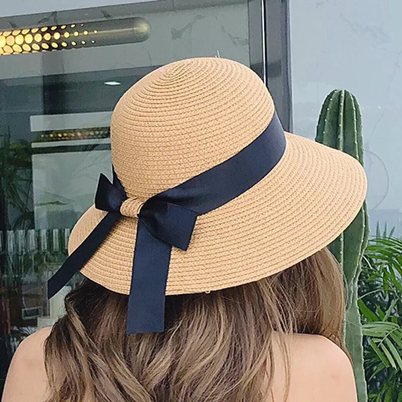 Women's Woven Straw Bucket Sun Hat with Decorative Bow for Casual Summer Outdoor Style